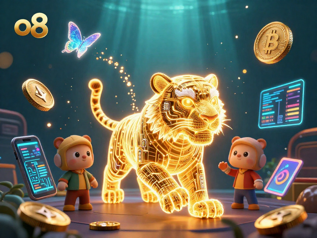Spin slots with the vibrant o8 casino gaming scene showcasing crypto coins and neon elements.