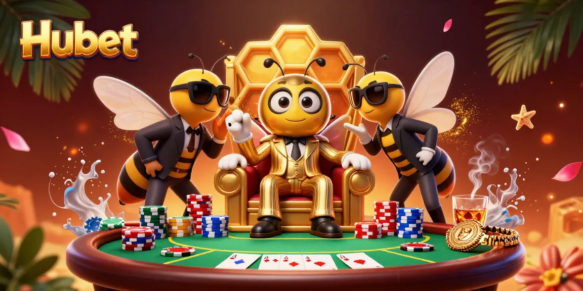 Hubet players enjoy the excitement of a poker table surrounded by colorful chips in a vibrant casino atmosphere.