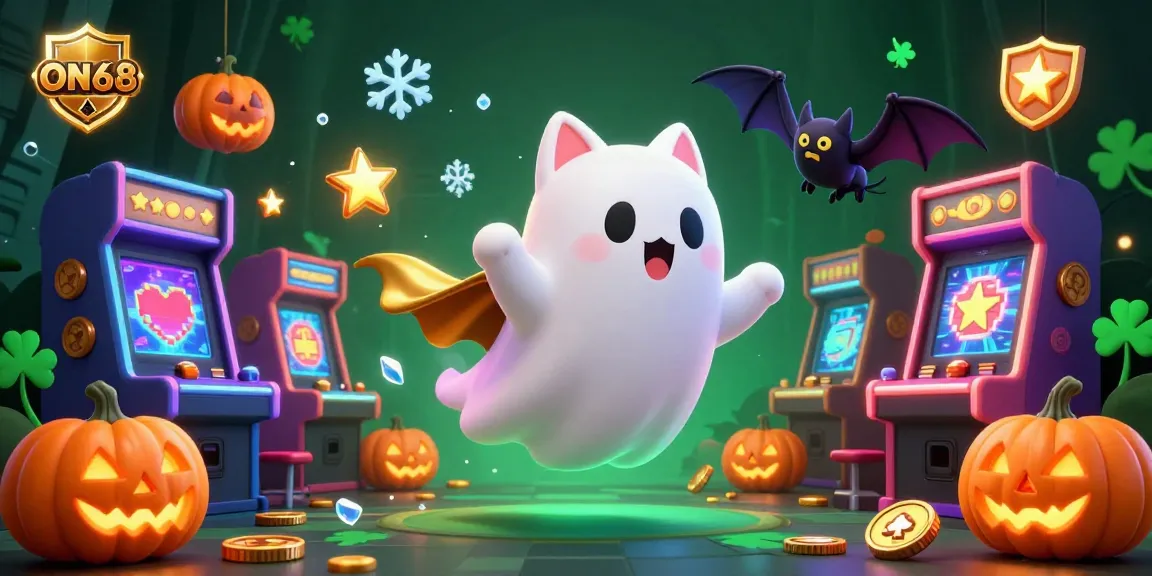 Engage in thrilling gameplay at ON68 with a vibrant casino scene featuring a ghost cat, bat, and glowing jack-o-lanterns.