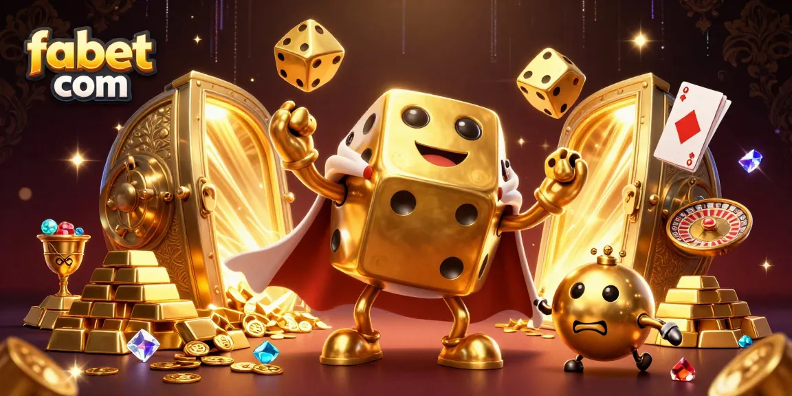 Join the excitement with fabet com's golden dice golem juggling gems and treasures in a lively casino scene.