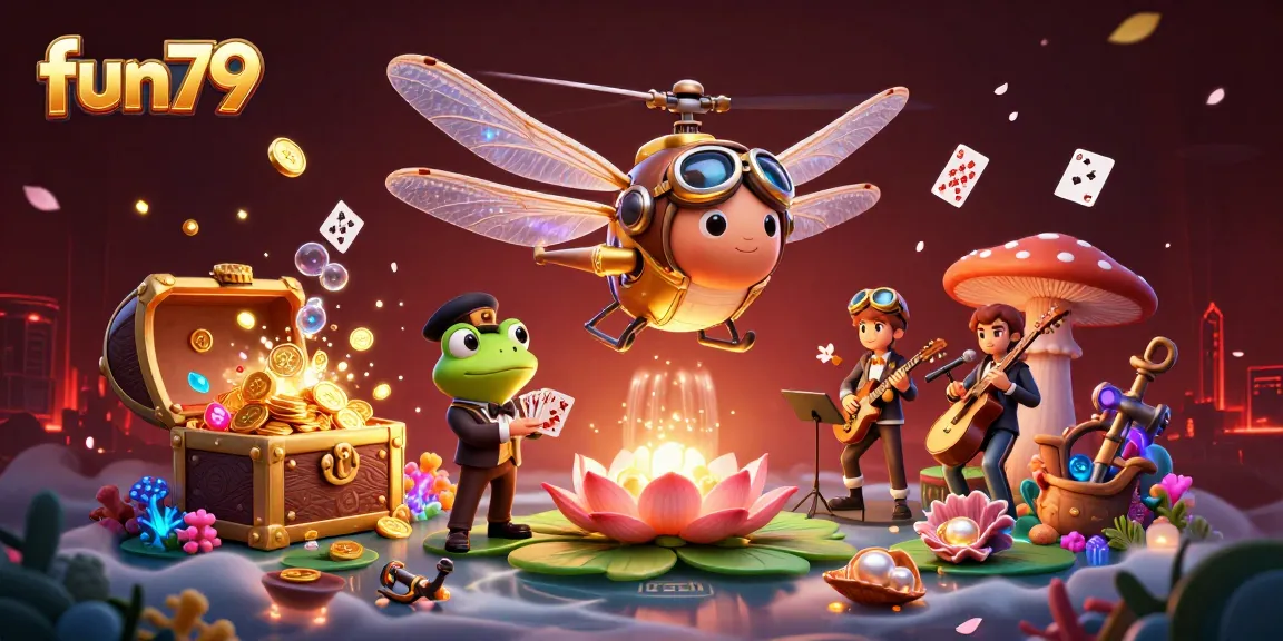 Engage in fun79 casino adventures with a vibrant, cartoon-themed illustration showcasing a whimsical dragonfly pilot, frog croupier, and jazz-playing crickets.