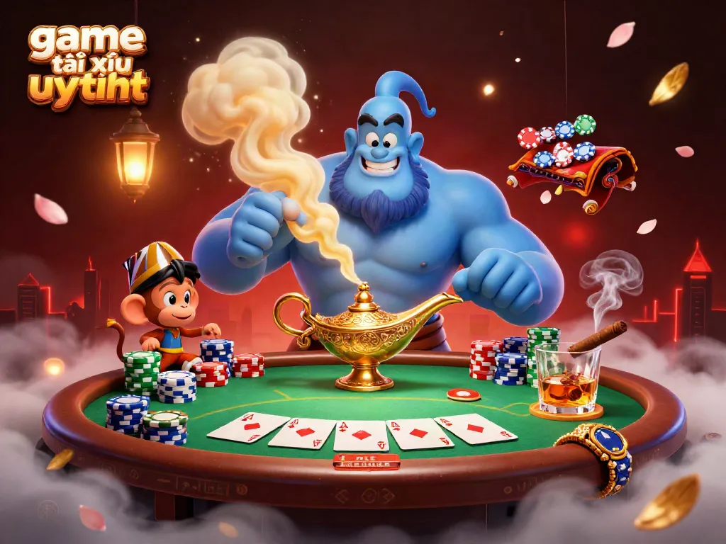 Explore game tài xỉu uy tín amidst vibrant casino action featuring a magical genie, poker elements, and a mystical setting.