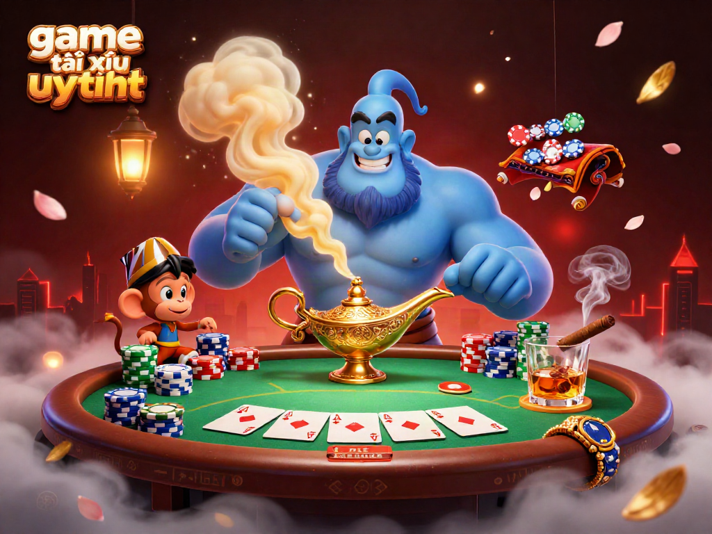 Explore game tài xỉu uy tín amidst vibrant casino action featuring a magical genie, poker elements, and a mystical setting.