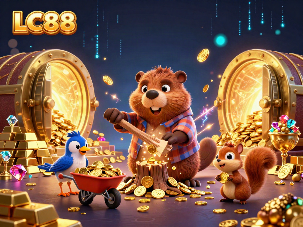 Experience winning moments with LC88 in a vibrant 3D casino scene featuring animated characters and treasures.