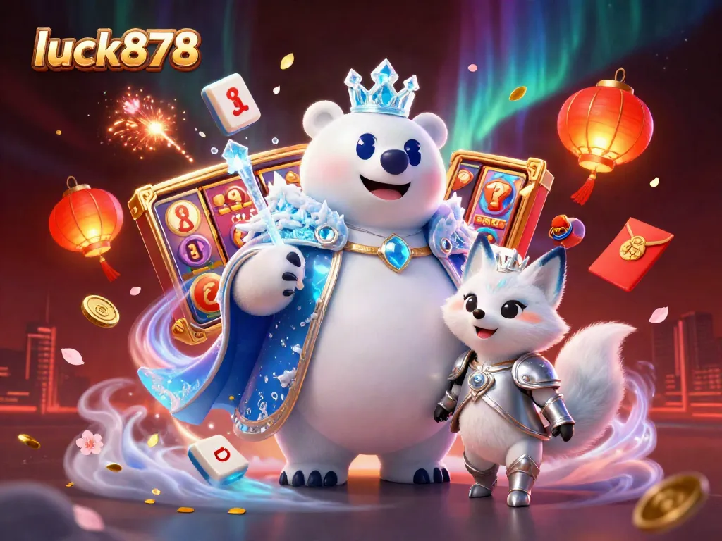 Engage with luck878's dynamic casino experience featuring vibrant slot reels and characters in a magical setting.