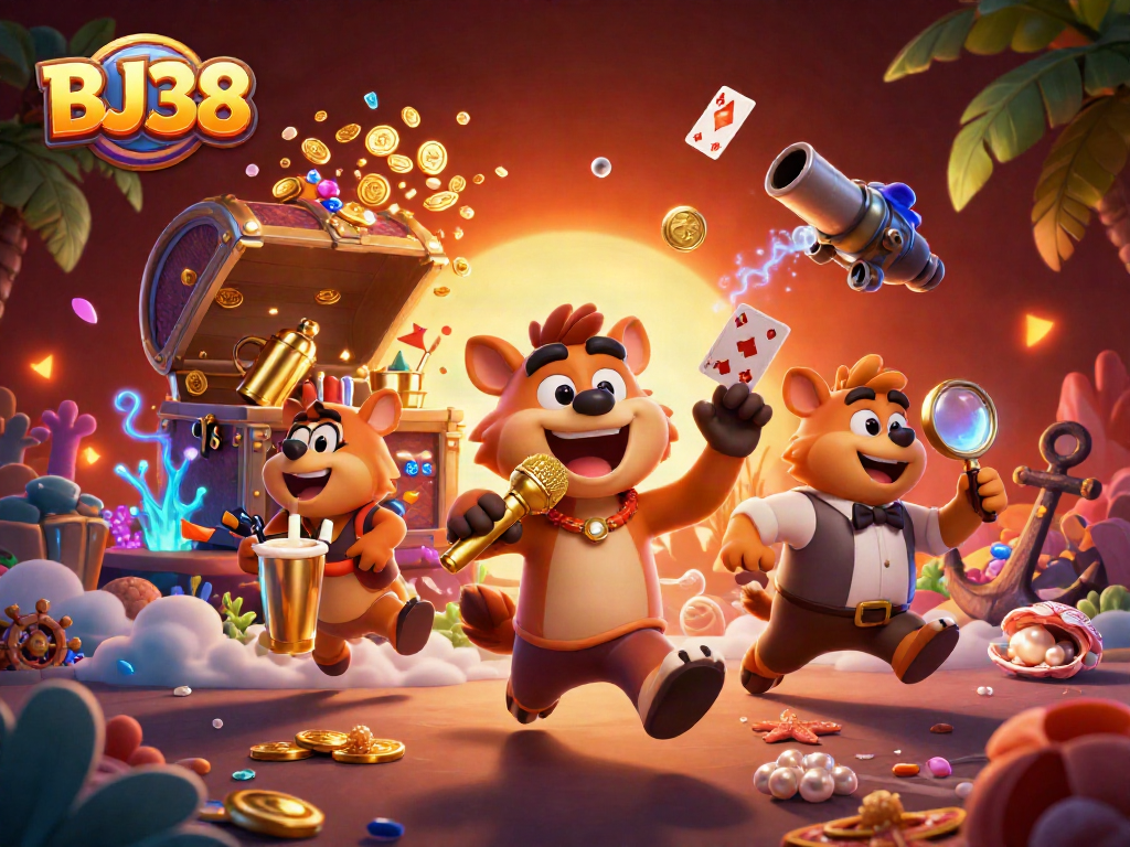 Experience BJ38's thrilling comedy casino scene with lively hyenas serving drinks and cracking jokes.