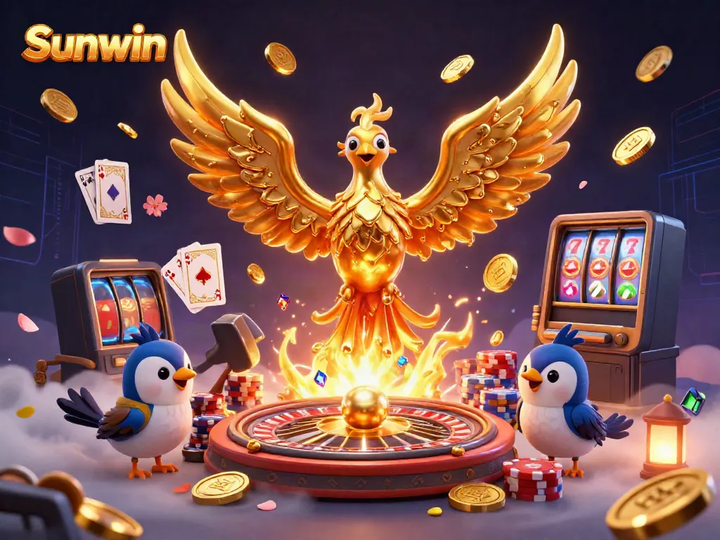 Sunwin features a golden phoenix emerging from molten metal amidst a vibrant casino scene.