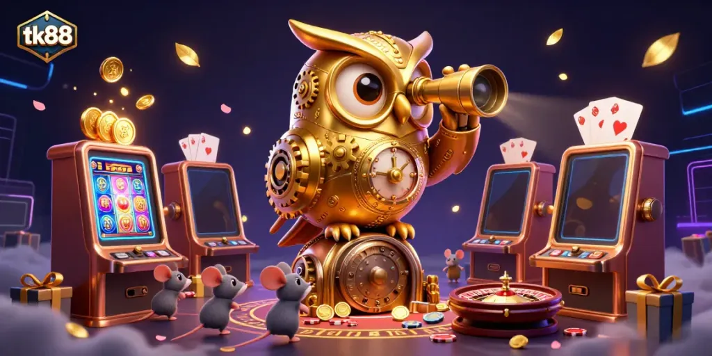 Experience tk88 action with a vibrant casino scene featuring a golden owl, slot machines, and playful mice.