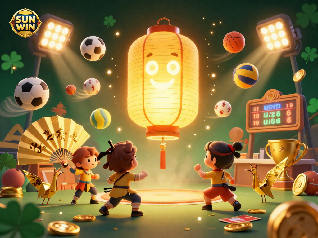 SUN WIN showcases a vibrant casino scene with a golden lantern spirit and dynamic sports elements, capturing excitement and energy.