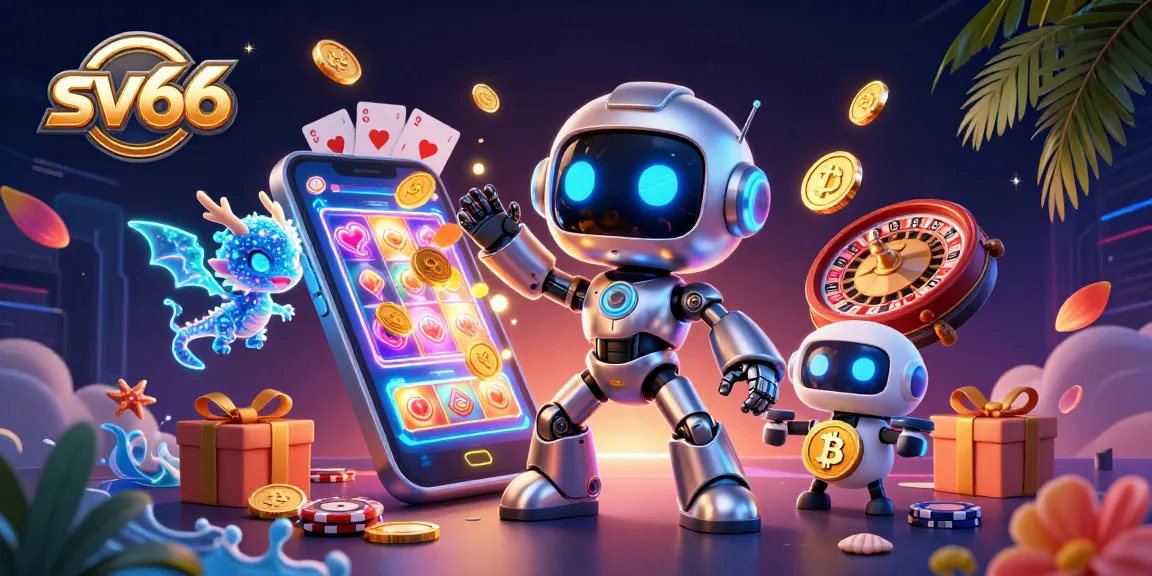 Experience thrilling gaming with sv66 as a vibrant cyberpunk robot mascot celebrates casino wins with slot games and bitcoins.