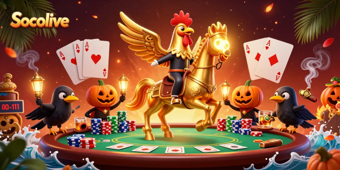 Socolive immersively showcases a golden rooster and spectral horse in a vibrant casino scene.