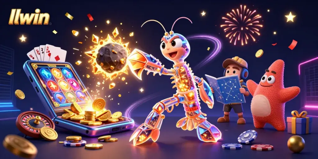 Experience thrilling gaming action with llwin in a vibrant 3D casino fantasy scene full of gems.