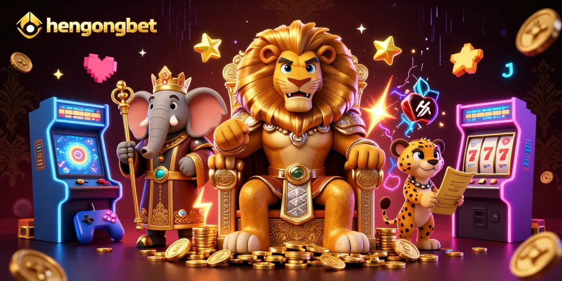 Experience the thrilling gaming world of hengongbet with a vibrant 3D casino scene featuring a lion king, an elephant advisor, and a cheetah messenger.
