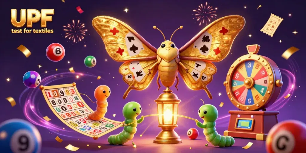 Engage in the UPF test for textiles with a colorful illustration combining casino elements and vibrant character dynamics.