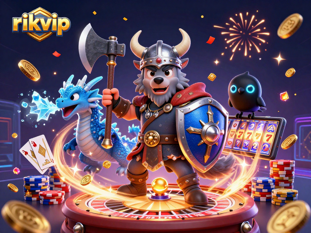 Experience thrilling gameplay with rikvip's Viking wolf warrior, dragon, and gold coins in a vibrant casino scene