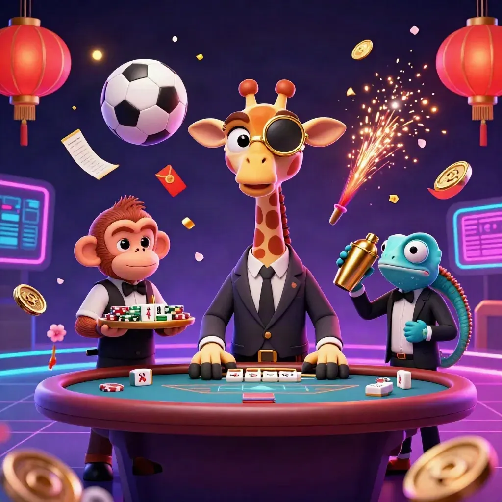 3D casino animals at a VIP table with sports balls, neon props, and glowing effects