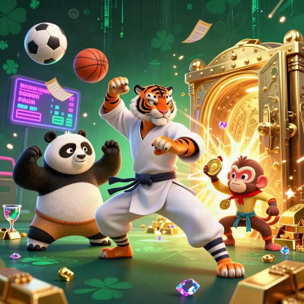 Tiger, panda, and monkey burst from a gold vault with sports balls and neon casino energy