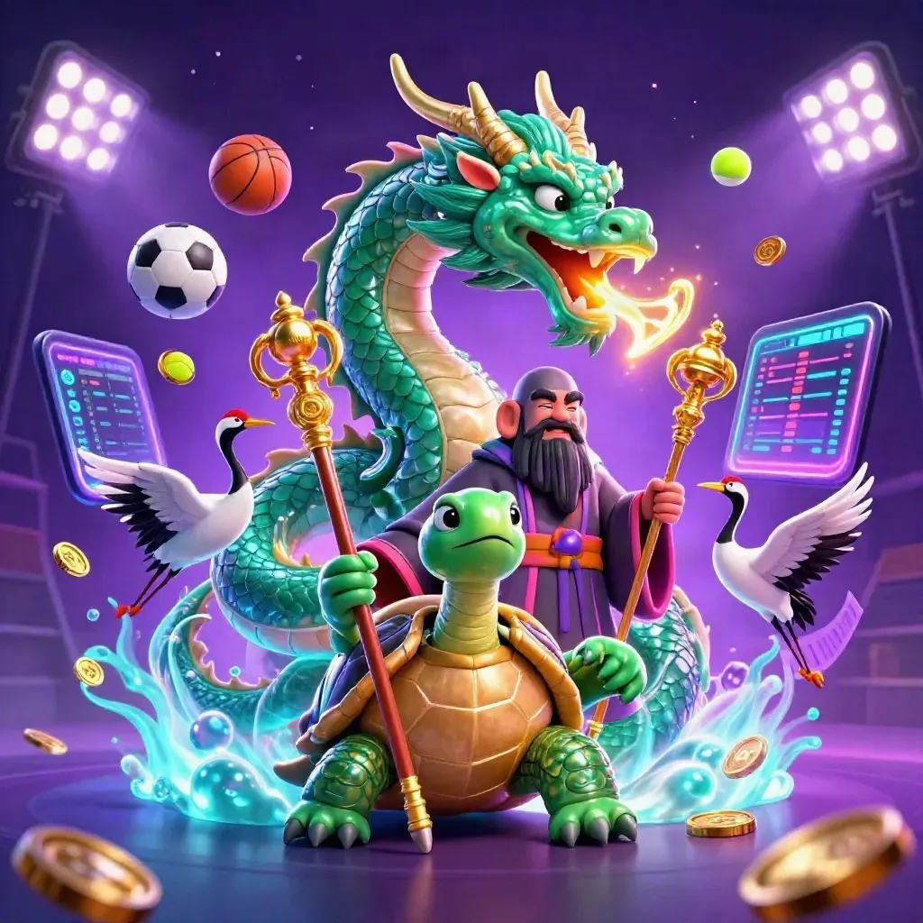 Neon dragon, turtle sage, and cranes amid flying balls, coins, and stadium light.