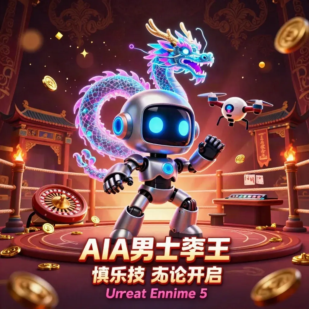 Chrome robot, holographic dragon, and casino glow in neon cyberpunk key art.