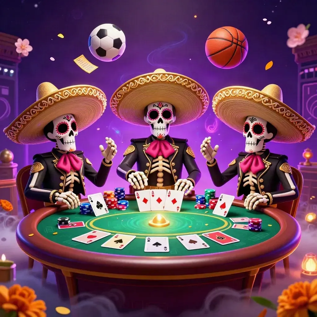 Neon skeleton mariachi trio amid flying chips, cards, balls, and purple casino glow.