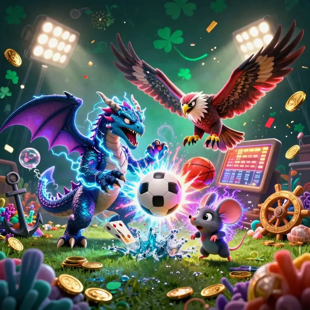 Thunder dragon, hawk and mouse amid neon sports balls, casino treasure and sparks