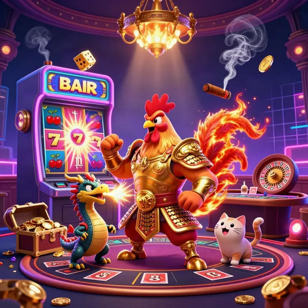 Neon rooster warrior, dragon hatchling and fortune-cat in a luxe live casino scene