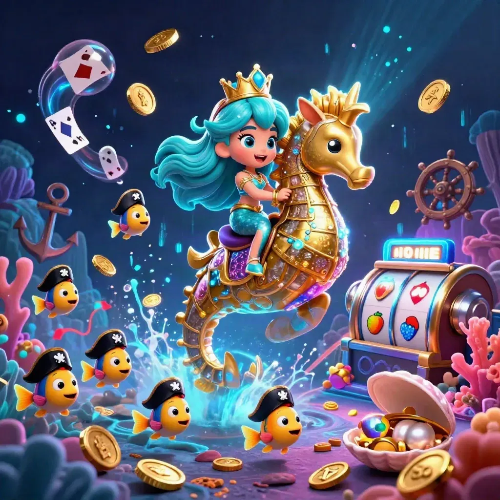 Mermaid princess on armored seahorse with pirate fish, coins, coral, and neon casino effects.
