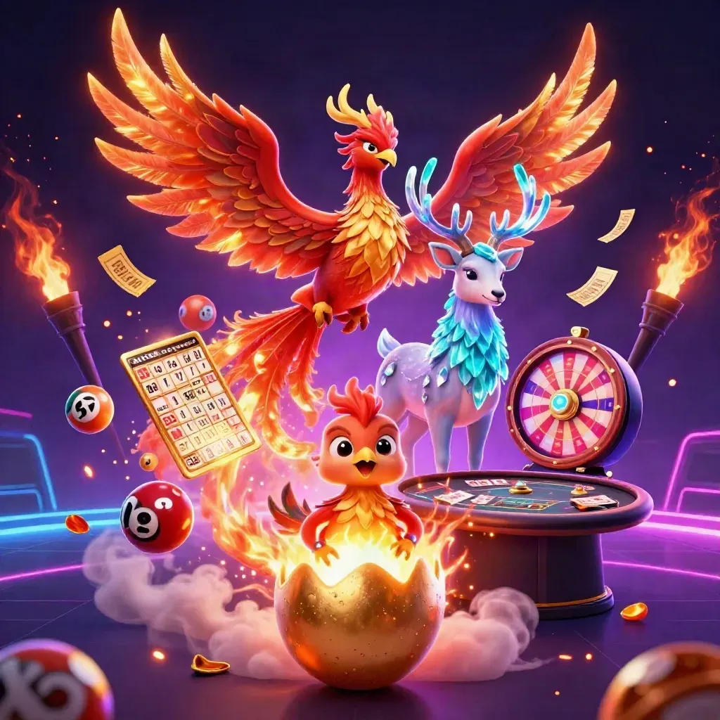 Phoenix, stag, and hatching egg amid casino props and neon energy in a dark cyberpunk scene.