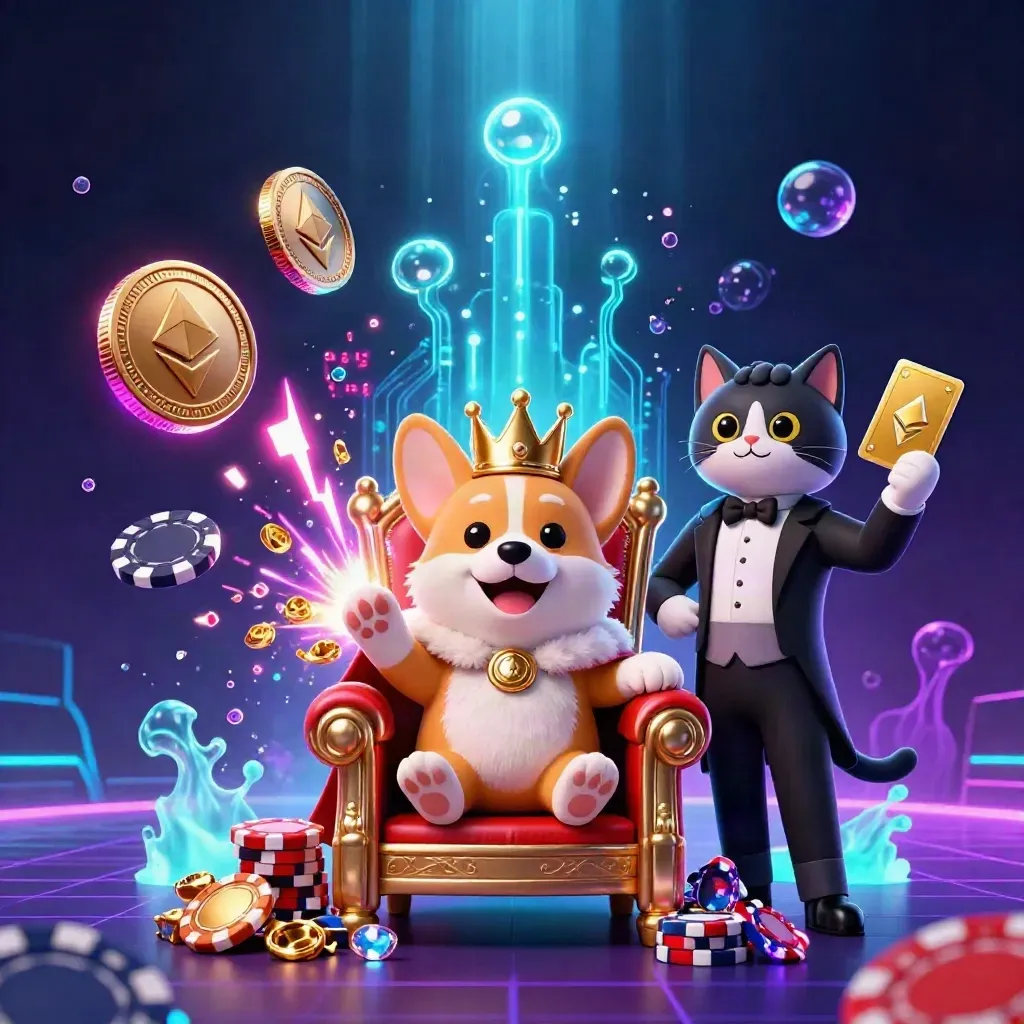 Crowned corgi and cat butler amid neon coins, code lightning and treasure bursts.