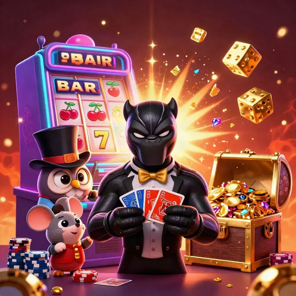 Panther, owl, and mouse amid exploding slot-machine treasure and neon casino effects.