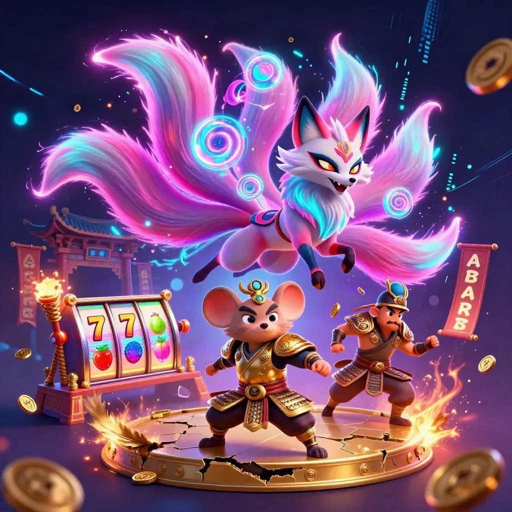 Neon nine-tailed fox spirit and golden samurai mouse amid casino relics and energy bursts.