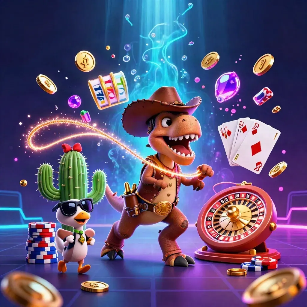 Cowboy T-Rex, cactus sidekick, and roadrunner burst with casino coins, gems, chips, and neon glow.