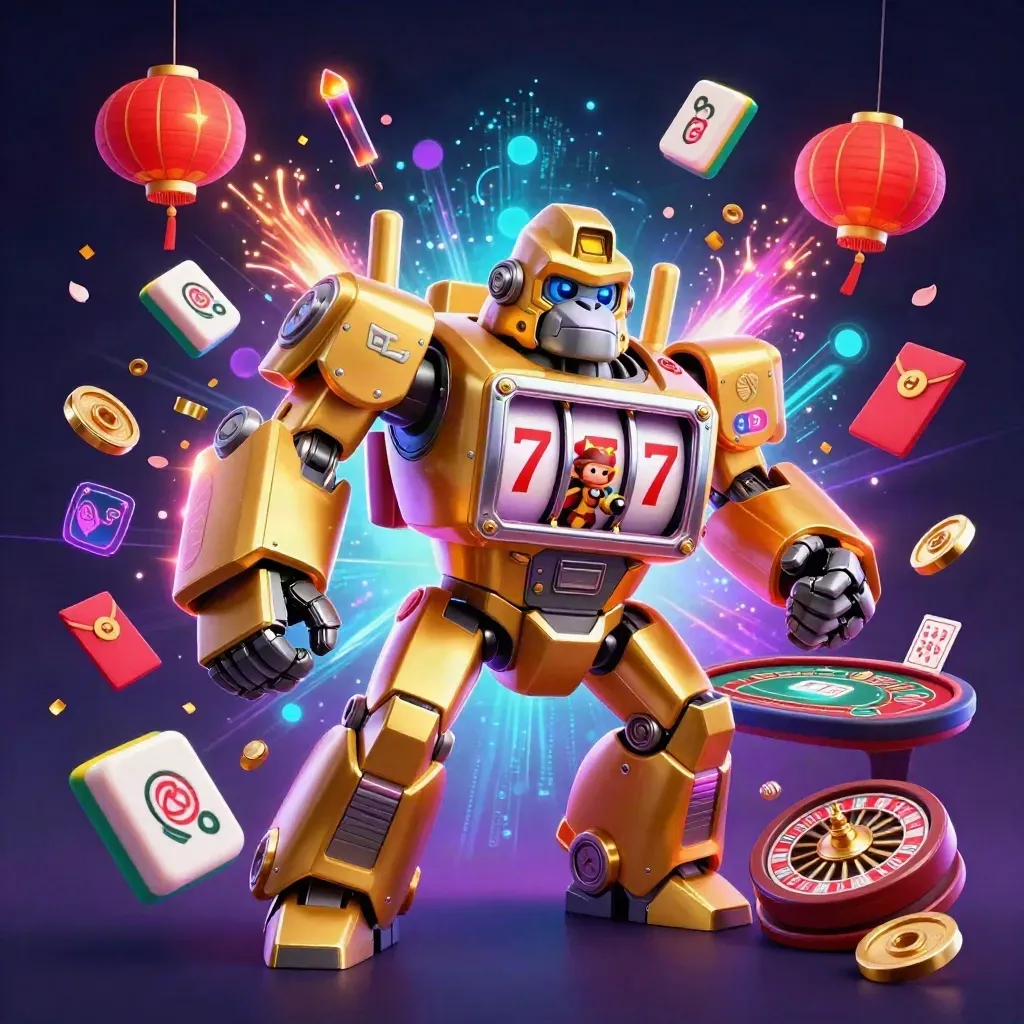 Golden gorilla slot mech blasts coins, lanterns, reels, and neon casino energy in a dark cyberpunk burst.