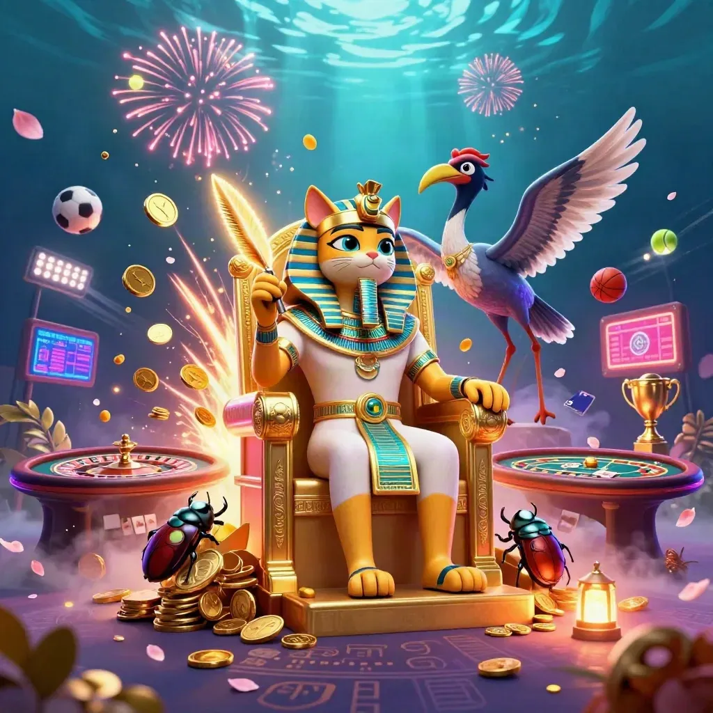 Pharaoh cat, ibis scribe, and scarabs amid coins, games, and neon casino treasure