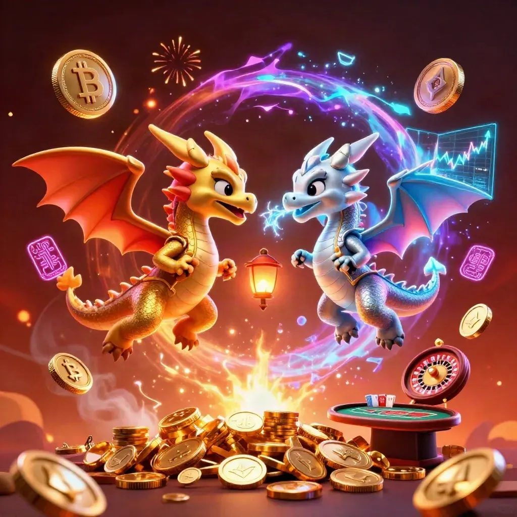 Twin gold and silver dragons amid casino coins, neon tech, fireworks, and a lantern spirit.