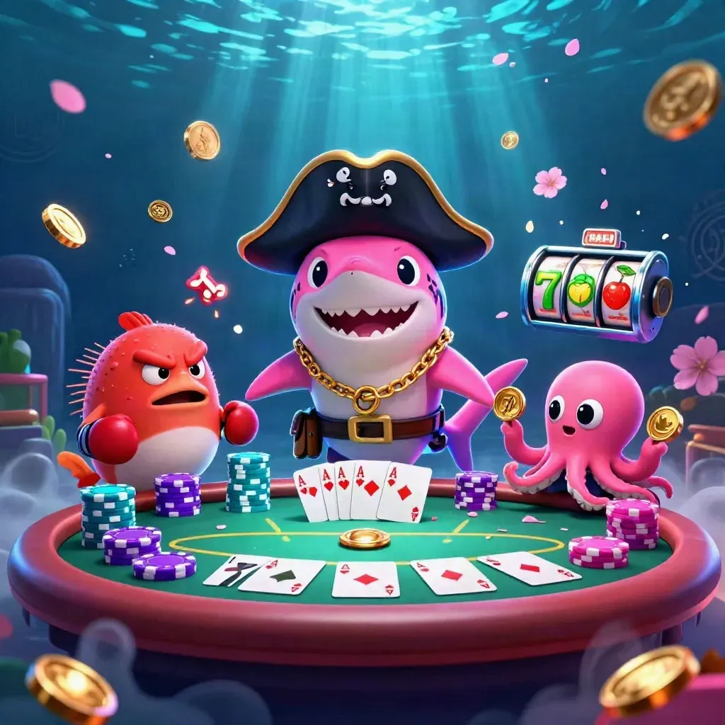 Shark pirate, boxing pufferfish, and juggling octopus at a neon casino poker table underwater.