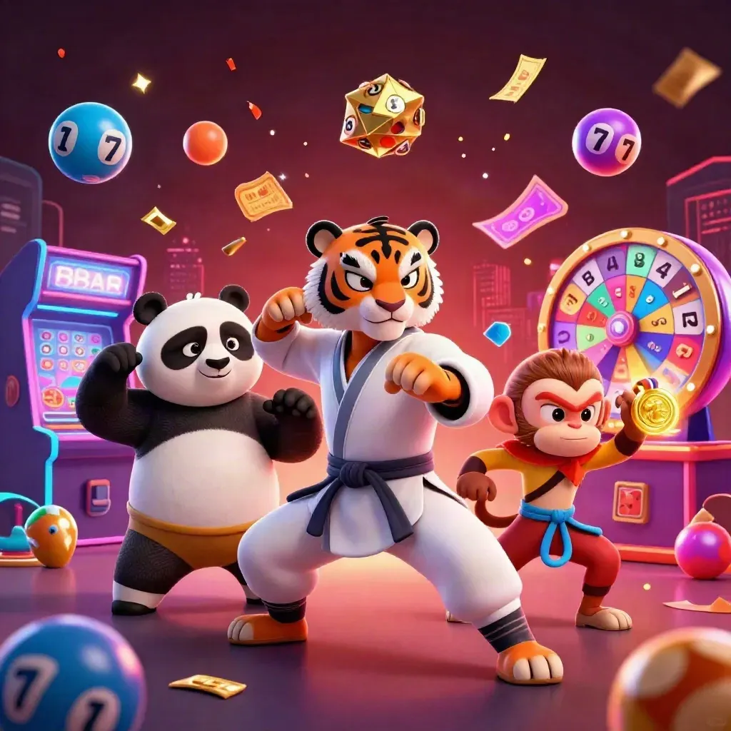 Tiger, panda and monkey kung-fu casino heroes amid glowing reels and jackpot effects