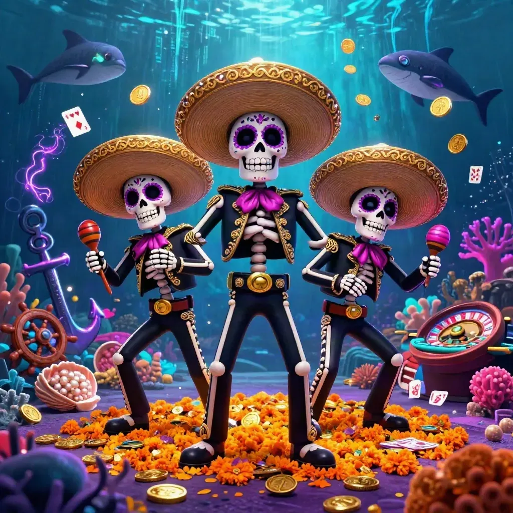Skeleton mariachi trio in an underwater neon casino treasure cove with coins, cards, and roulette wheel