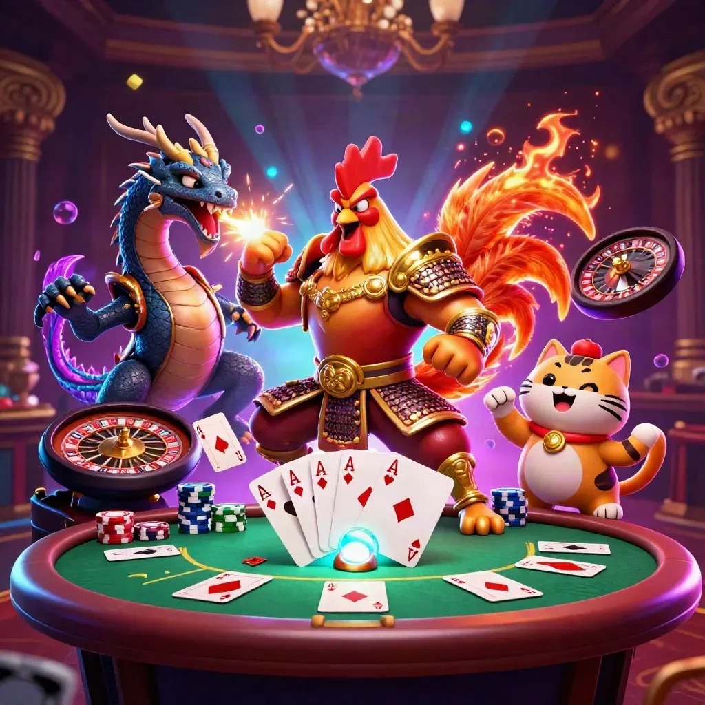Rooster warrior, dragon hatchling and fortune cat amid neon casino cards, chips and glowing tables
