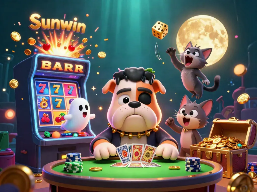 Engage with the thrilling world of Sunwin through an exciting 3D casino illustration featuring unique characters and dynamic game elements.