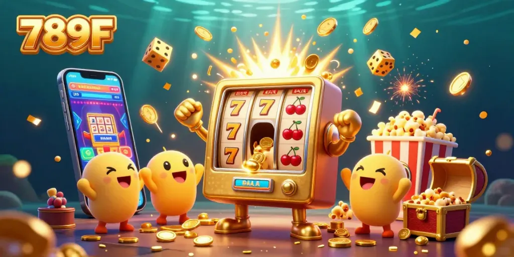Experience the excitement of 789F with a cartoon slot machine winning jackpots amidst flying symbols and gold coins.