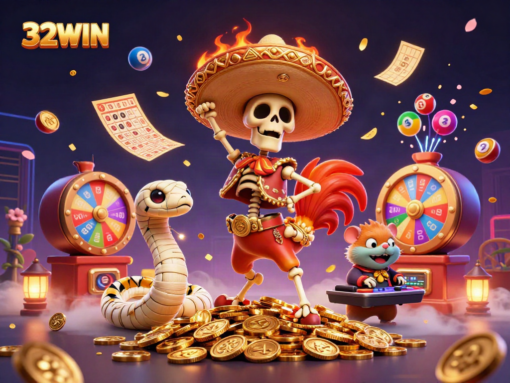 32WIN immerses players in a vibrant casino scene with dynamic characters and exciting gaming elements.