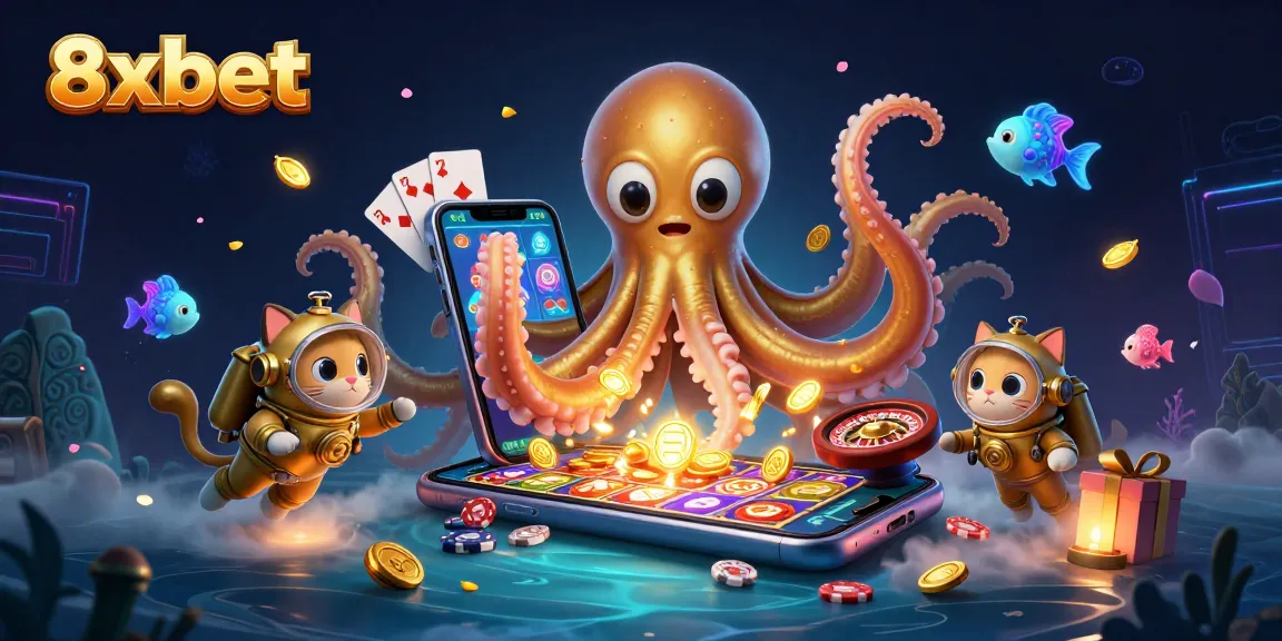 Join the thrilling gaming world of 8xbet, featuring a colossal kraken and vibrant casino elements.