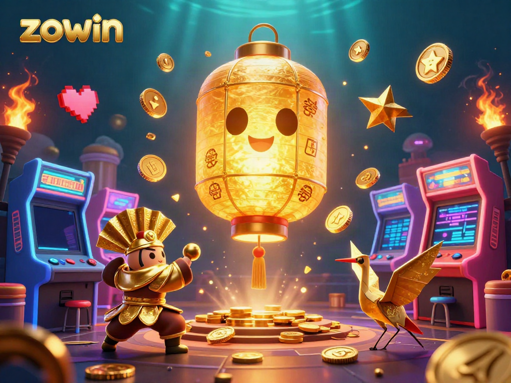 Engage in thrilling gaming at zowin with colorful spirits and arcade machines in a vibrant casino setting.
