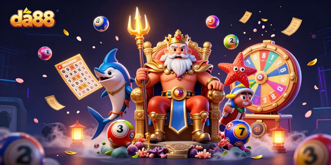 Engage with da88 in this vibrant casino scene featuring colorful lottery balls, a glowing Neptune, and dynamic game elements.