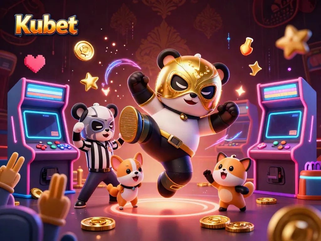 Kubet showcases the excitement of online gambling with a dynamic scene of a panda wrestler and animal spectators