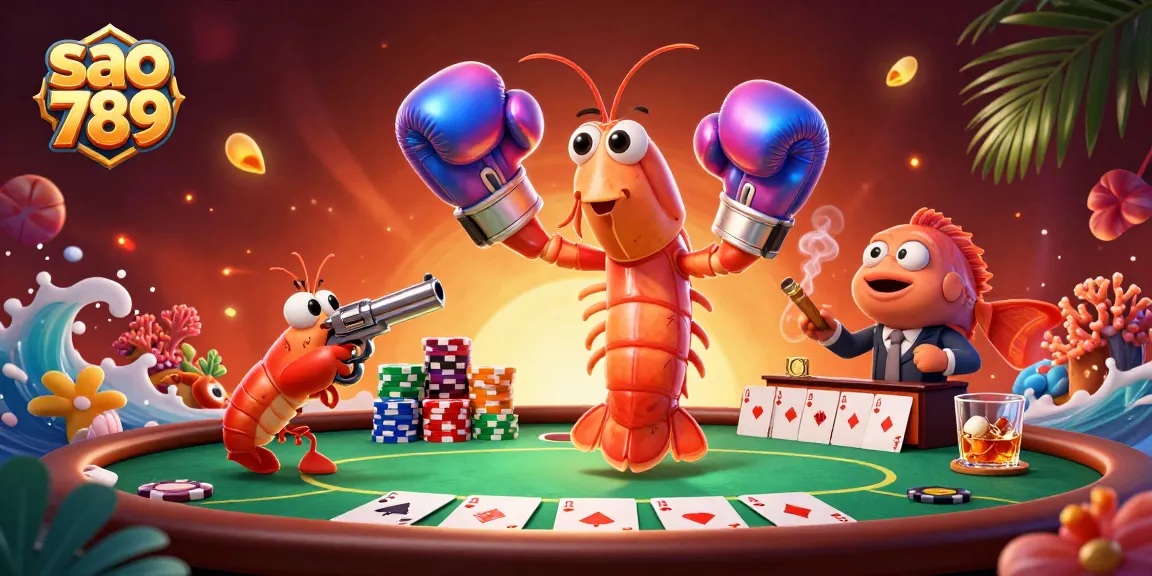 Experience the excitement at sao 789 with shrimp characters engaging in a lively poker scene.