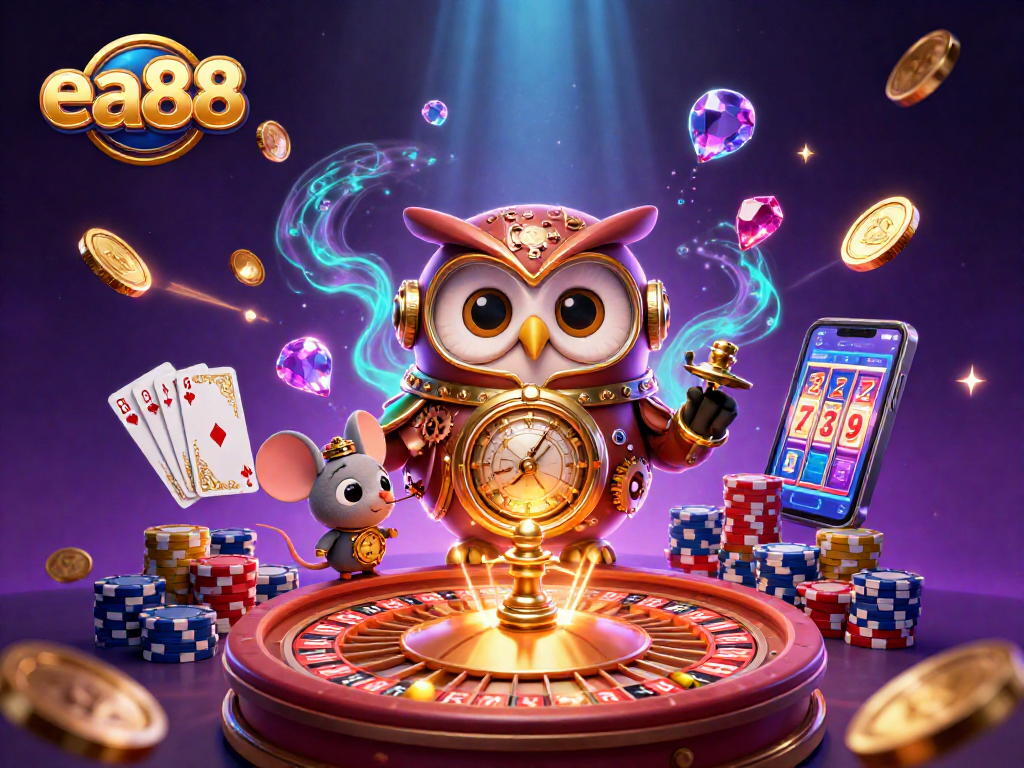 Spin the reels at ea88 with a whimsical steampunk owl and clockwork mouse amid dazzling casino elements.