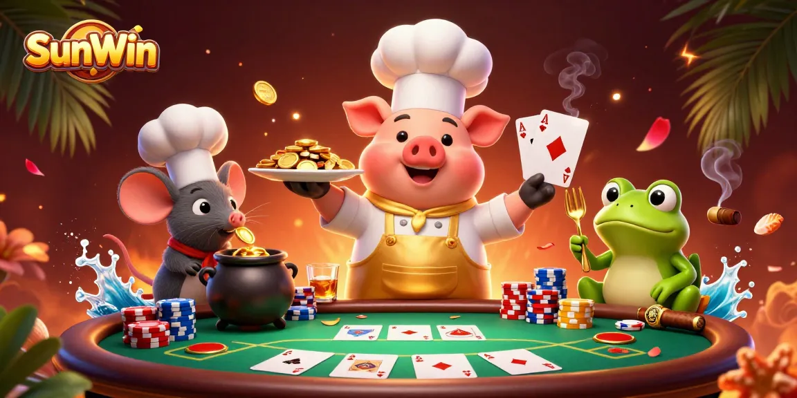 Experience the vibrant SunWin casino scene with gold coins and poker action in a lively atmosphere.