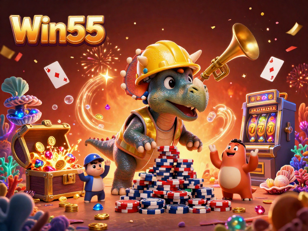 Win55 showcases a vibrant 3D casino scene filled with thrilling slot machines, poker chips, and celebrating dinosaur characters.